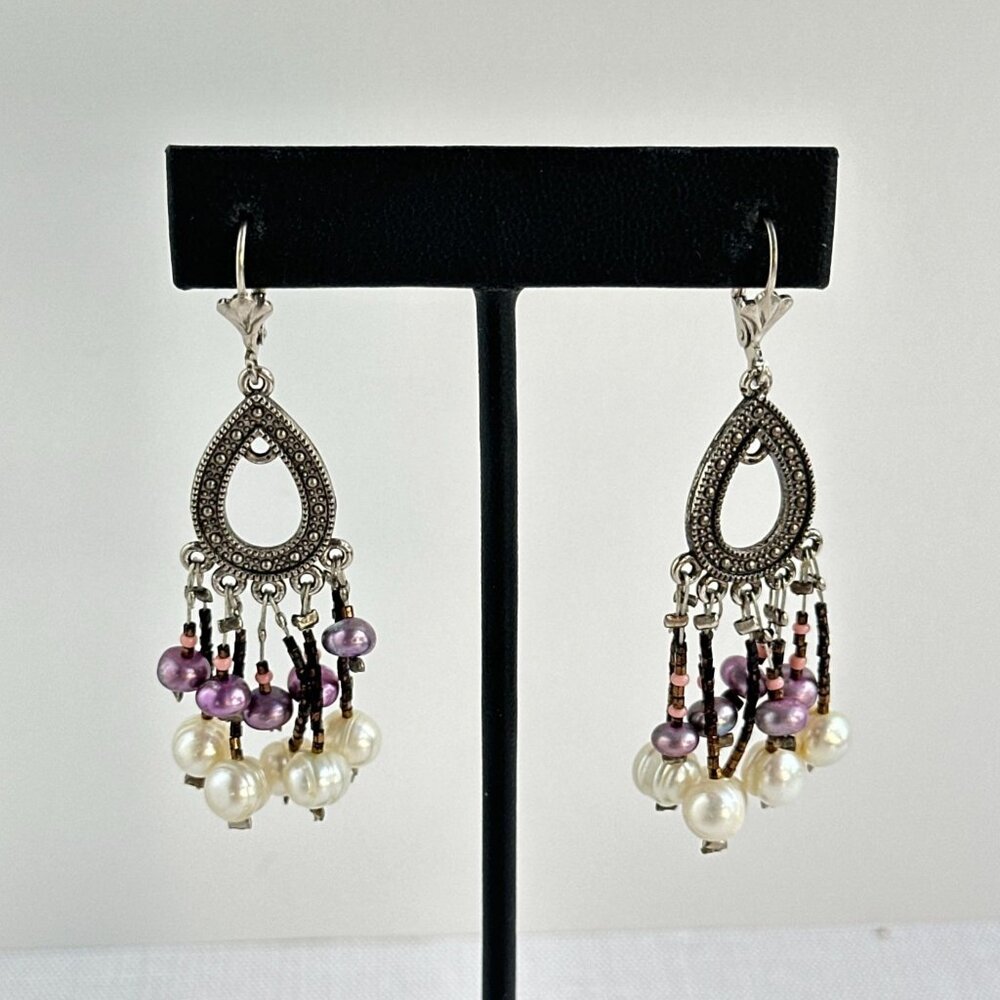Boho Silver Tone Dangle Earrings With Faux Pearls & Purple Beads 2.5" Drop